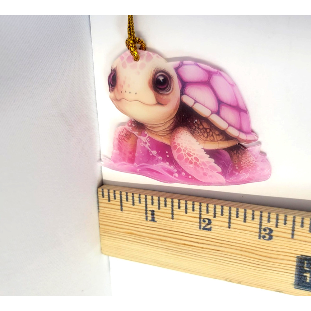 Pink Sea Turtle Hanging Ornament Cute Ocean Animal Gold Cord Tree Decor Gift - Picture 4 of 7